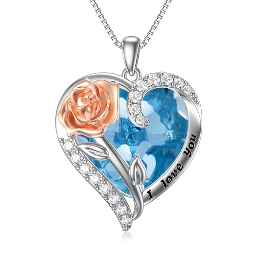 Valentines Day Gifts for Women Sterling Silver Rose Flower Pendant Necklaces with Heart Crystal March Birthstone Necklace Pendant Jewelry Valentines Day Gifts,Created Aquamarine