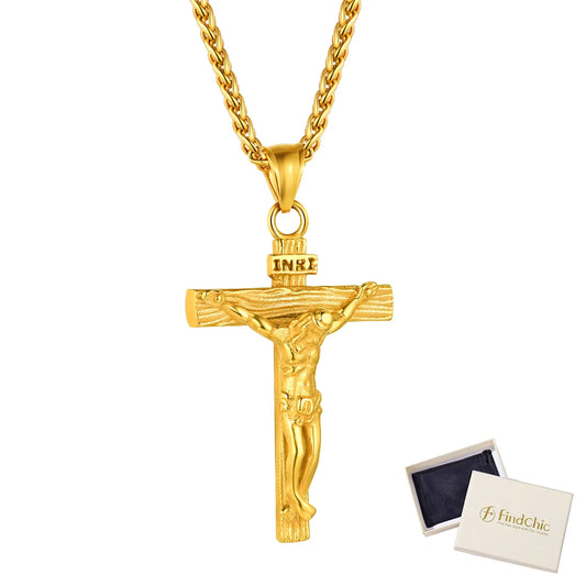 Men Gold Chain Crucifix Jesus Necklace Males Jewelry Gold Cross Pendant with 22Inch