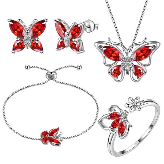 January Birthstone Jewelry Set Red Butterfly Garnet Fine Necklace/Earrings/Ring/Bracelet Sterling Silver Women Xmas Birthday Mother'S Day Gifts