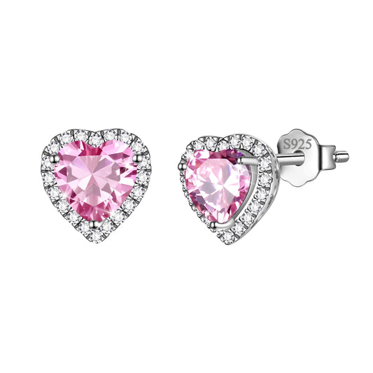 Pink Heart Earrings Women October Birthstone Earrings Tourmaline CZ 925 Sterling Silver Stud Earrings Crystal Jewelry Birthday Mother'S Day Gifts