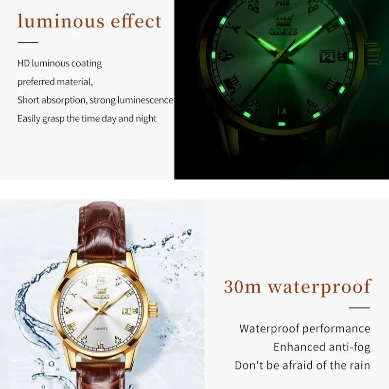 Women's Quartz Watch with Leather Strap, Diamond Accents, Waterproof Luminous Features, and Date Function for Sports and Casual Wear