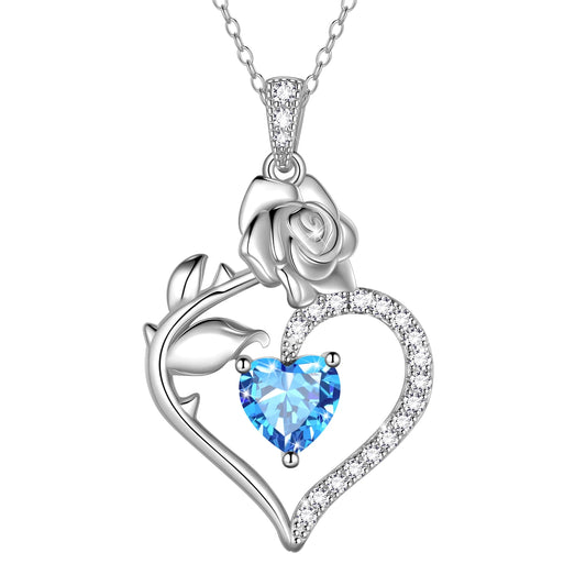 925 Sterling Silver Birthstone Necklace Rose Flower Heart Pendant Jewelry Gifts for Women