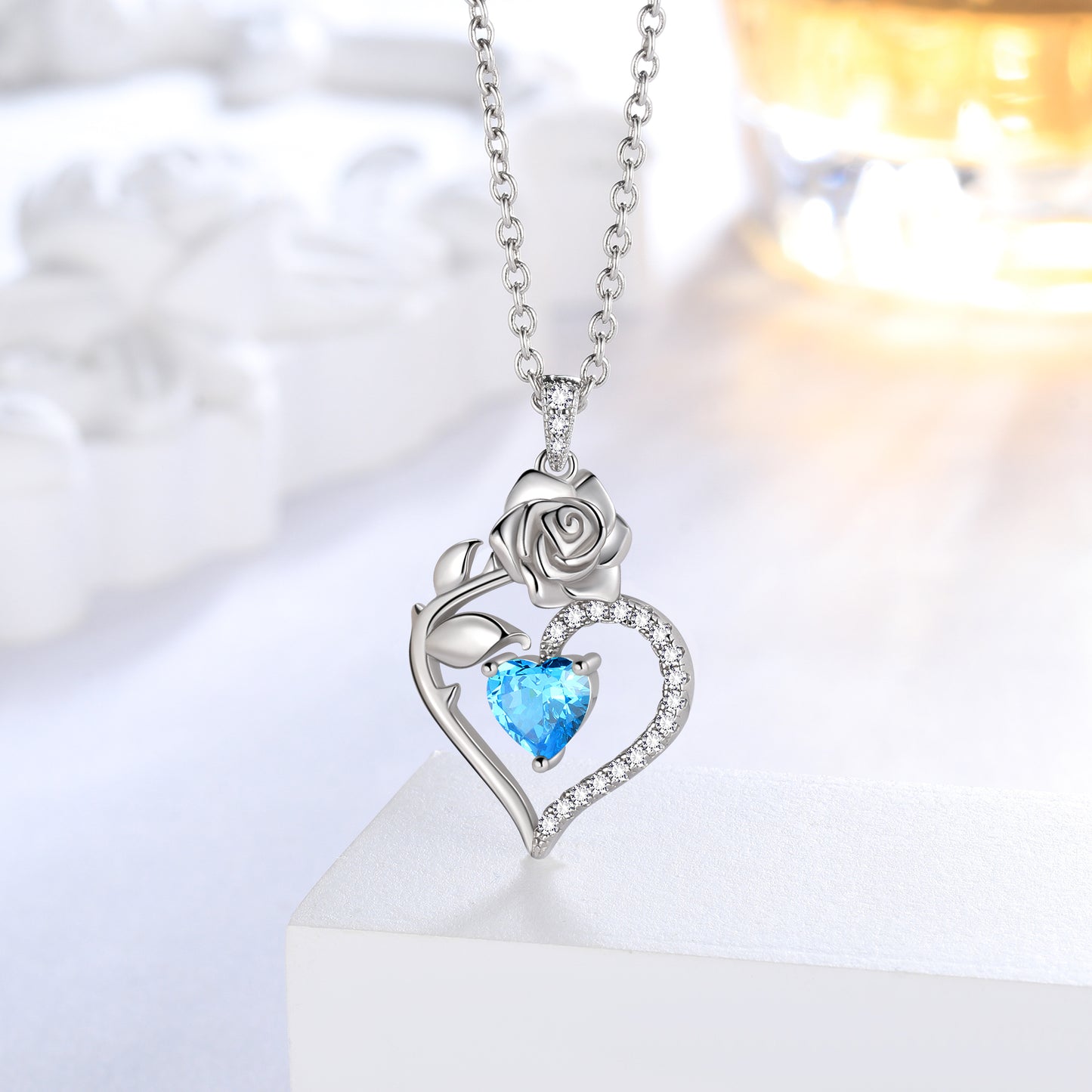 925 Sterling Silver Birthstone Necklace Rose Flower Heart Pendant Jewelry Gifts for Women