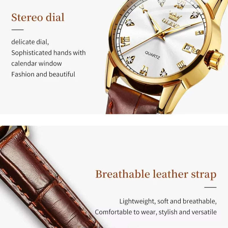 Women's Quartz Watch with Leather Strap, Diamond Accents, Waterproof Luminous Features, and Date Function for Sports and Casual Wear