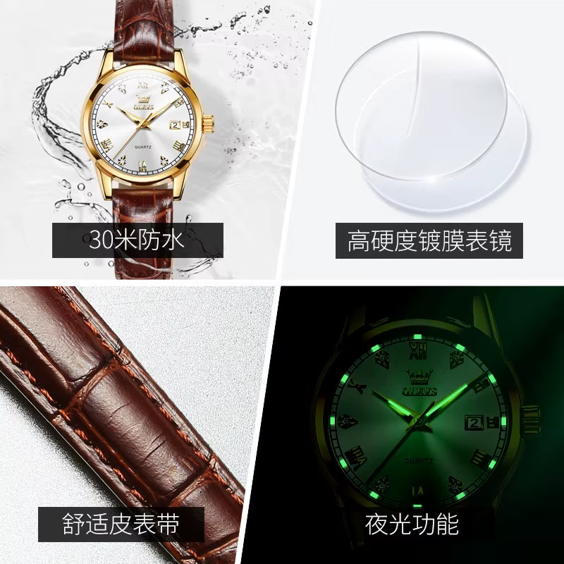 Women's Quartz Watch with Leather Strap, Diamond Accents, Waterproof Luminous Features, and Date Function for Sports and Casual Wear