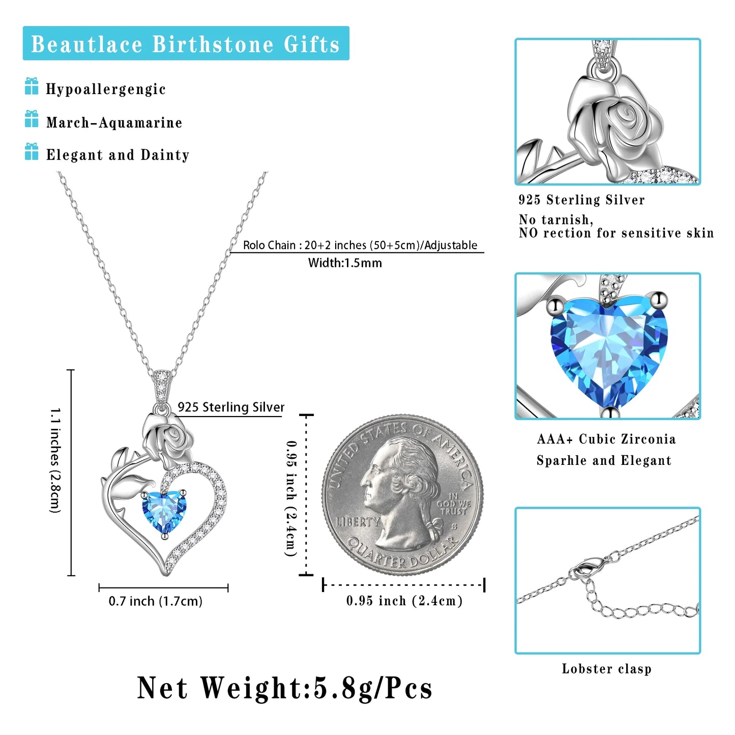 925 Sterling Silver Birthstone Necklace Rose Flower Heart Pendant Jewelry Gifts for Women