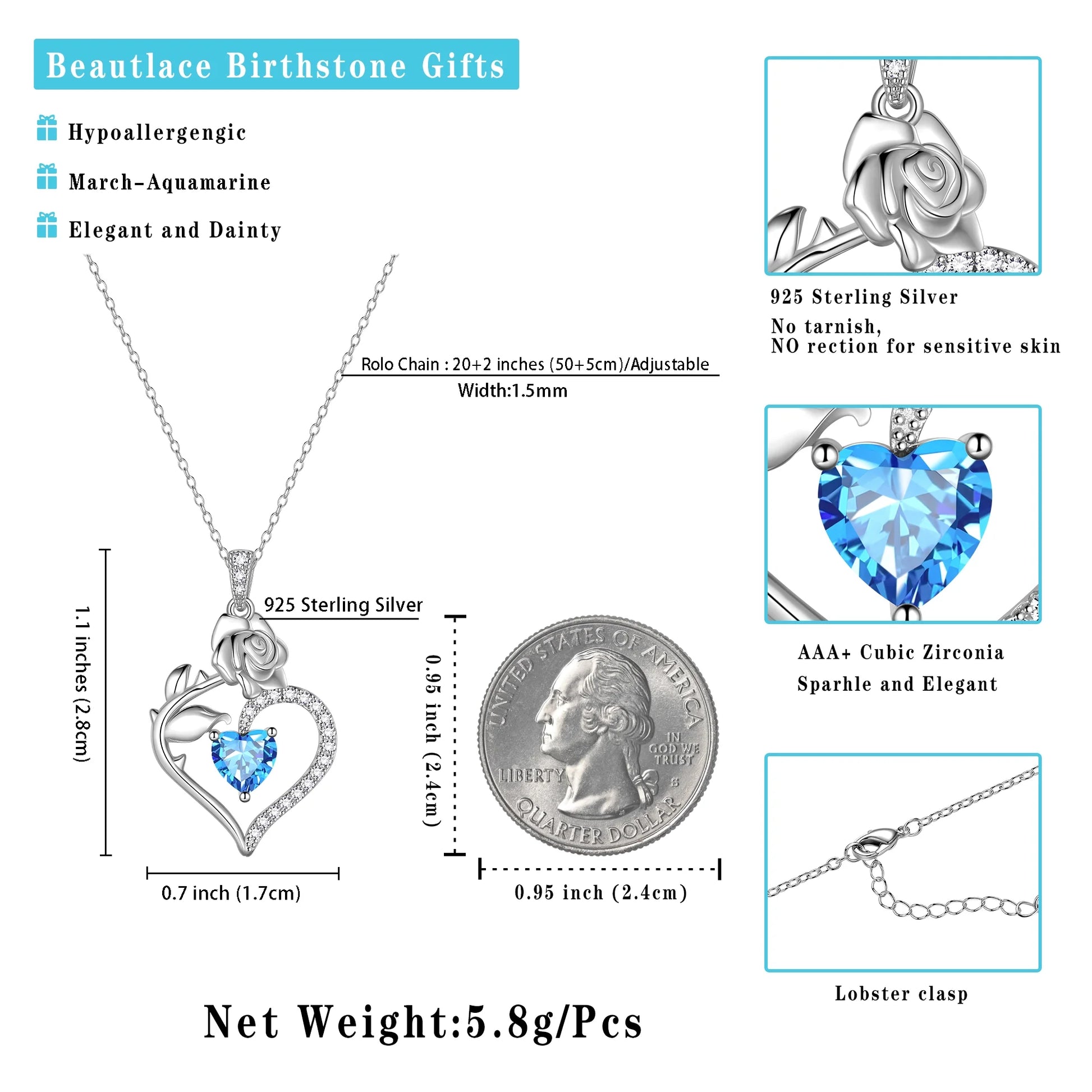 925 Sterling Silver Birthstone Necklace Rose Flower Heart Pendant Jewelry Gifts for Women