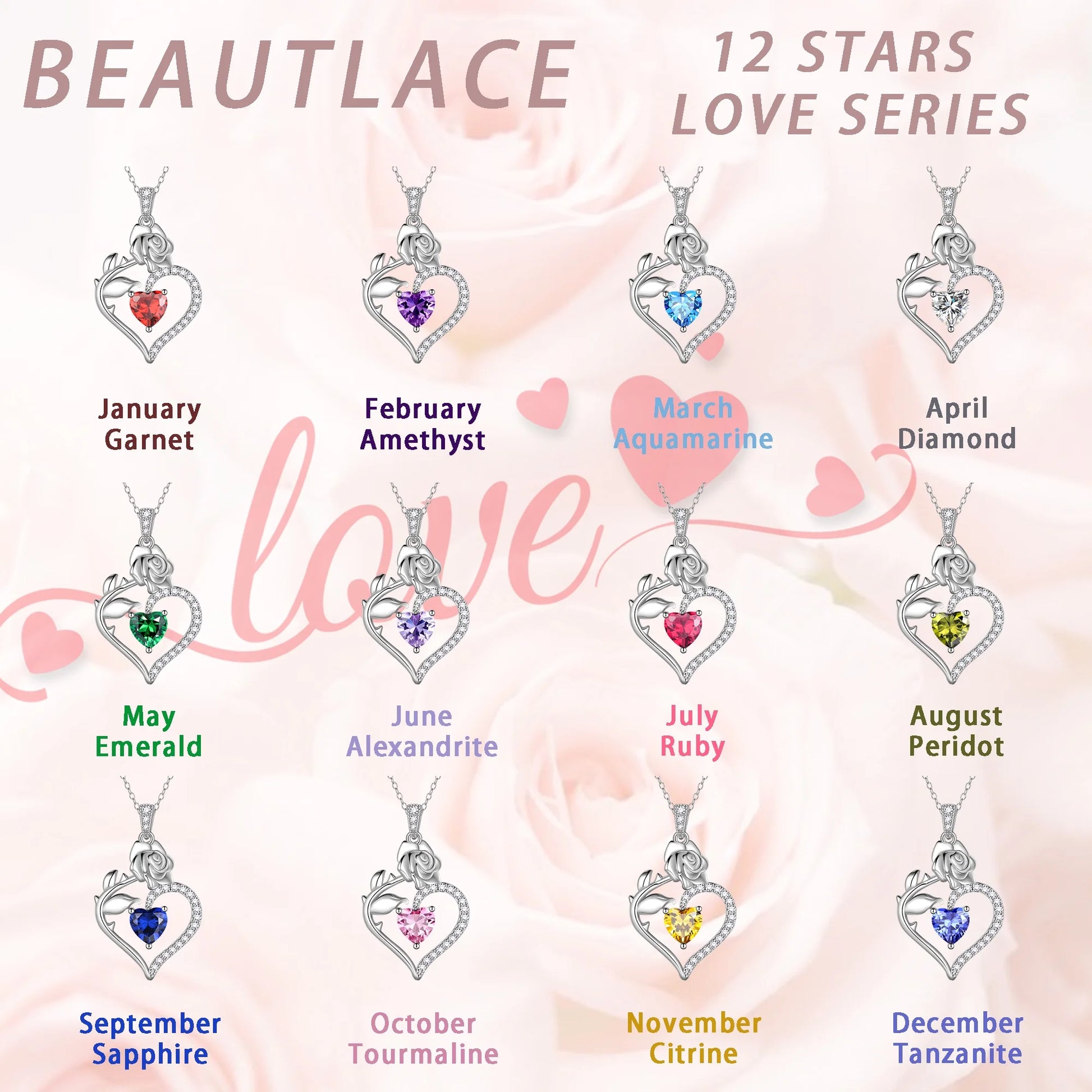 925 Sterling Silver Birthstone Necklace Rose Flower Heart Pendant Jewelry Gifts for Women