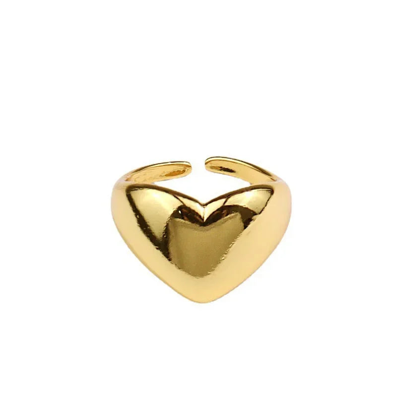 Silver Color Trend Creative New Love Heart Shaped Gold Ring Light Luxury Metallic Texture Girls Jewelry Couple